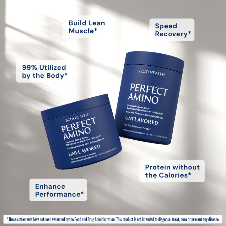 BodyHealth PerfectAmino - BCAA and EAA Powder for Pre and Post Workout - Amino Acid Energy Drink for Men and Women to Support Lean Muscle and Recovery - Unflavored (Lightly Sweetened) - 60 Servings