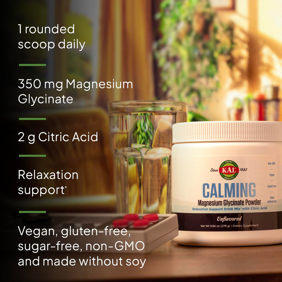KAL Calming Magnesium Glycinate Powder Plus Citric Acid - Unflavored - Nervous System, Bone and Relaxation Support Drink Mix - No Sugar - 60-Day Guarantee, 40 Servings, 8.5 OZ