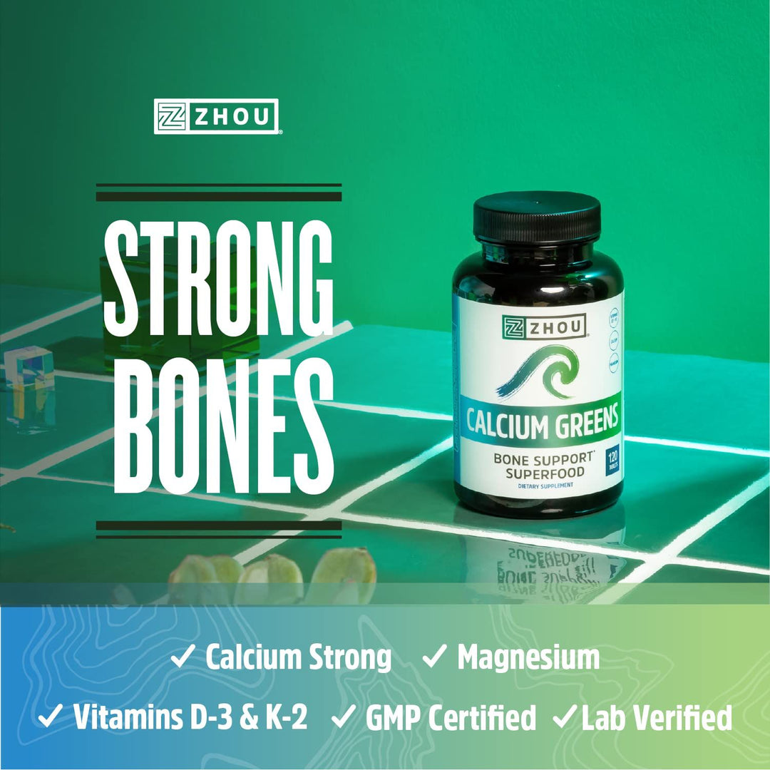 Zhou Calcium Greens - Calcium Supplements for Women &amp; Men, Bone Strength Support Supplement with Vitamin D3, Bone Support with Algae &amp; Vitamin K2 &amp; D, Plant Based - 120 Tablets