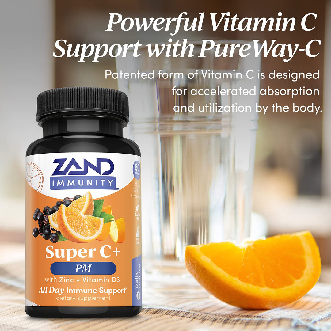 Zand Immunity Super C+ PM, Nighttime Immune Support Plus Melatonin, 1000mg PureWay-C Vitamin C, Zinc, D3 &amp; Elderberry, Enhanced Absorption - 60 Tablets, 30 Servings
