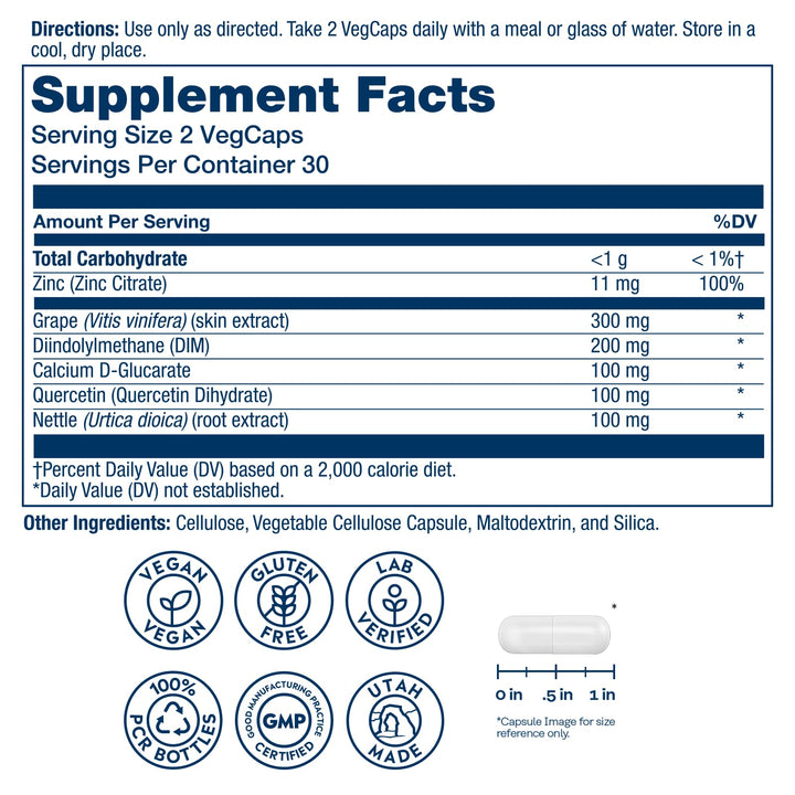 SOLARAY DIM Supplement for Men - Clinically Studied DIM 200mg Supports Hormone Balance - Plus Zinc and Quercetin - Vegan, Gluten Free, 60 Day Money-Back Guarantee - 30 Servings, 60 VegCaps