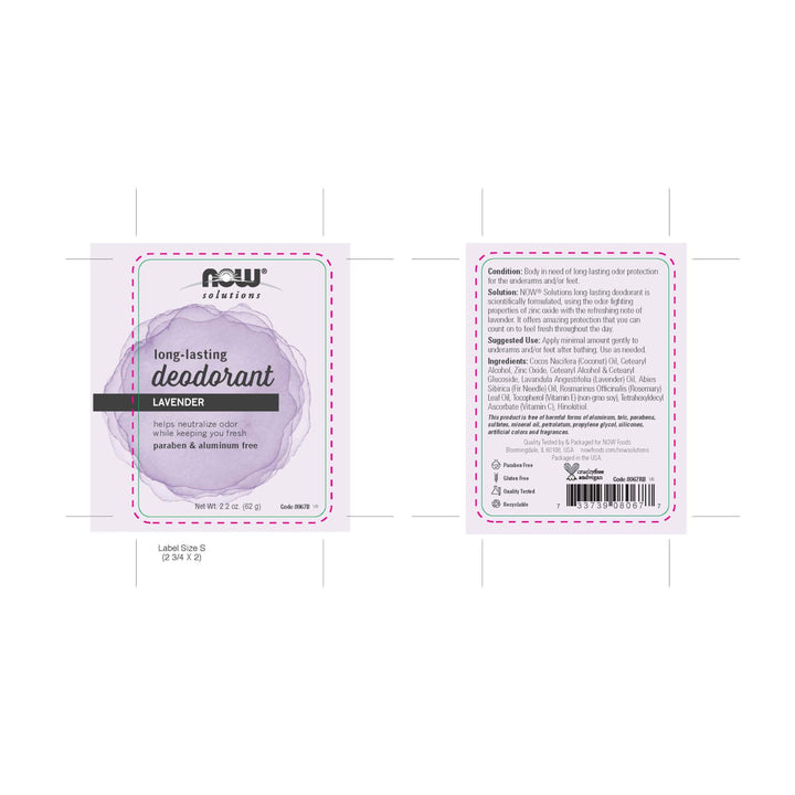 NOW Solutions Lavender Body Deodorant Stick, 2.2 Ounces, Paraben-Free, Long-Lasting Odor Eliminating Protection
