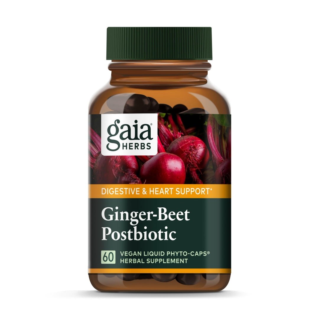 Gaia Herbs Ginger-Beet Postbiotic - Supplement for Gut &amp; Heart Health Support* - Made with Fermented Beets &amp; Ginger - Free from Dairy, Soy &amp; Gluten - 60 Vegan Liquid Phyto-Caps (30 Servings)