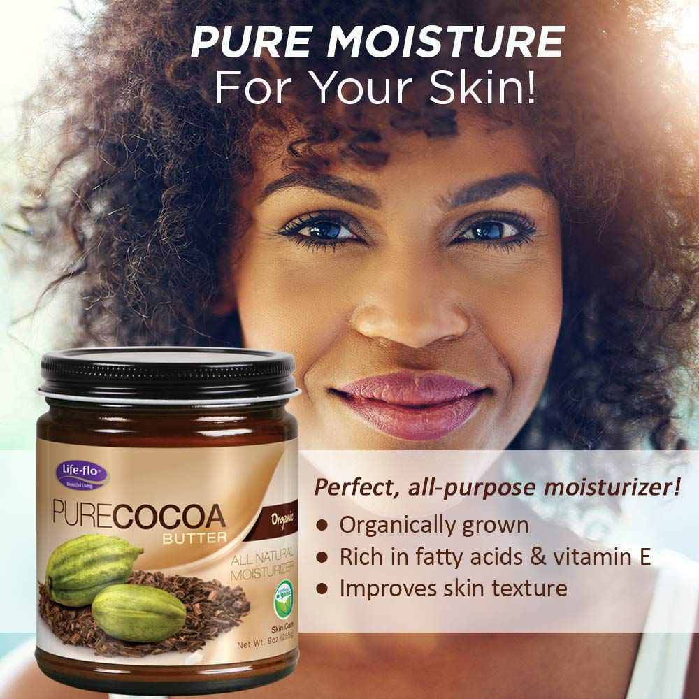 LIFE-FLO Pure Organic Cocoa Butter | Face &amp; Body Moisturizer for Dry Skin &amp; Scalp, Heels, Elbows, Stretch Marks | 9oz