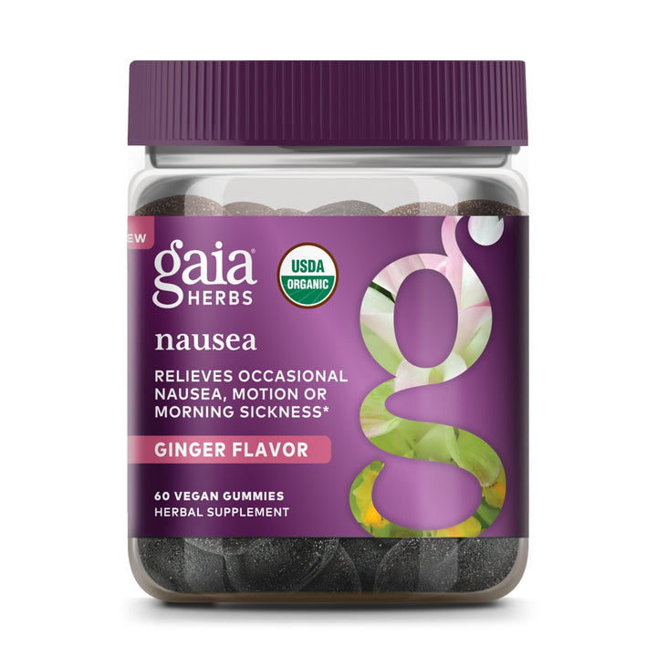 Gaia Herbs Nausea Gummies - Relieves Occasional Nausea* - with Ginger &amp; Lemon - Ginger Flavor - 60 Vegan Gummies (30 Servings)