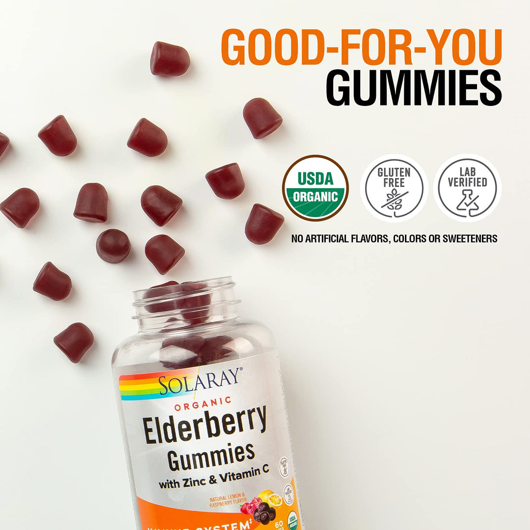 SOLARAY Organic Elderberry Gummies w/Zinc &amp; Vitamin C | Healthy Immune System Support | Gluten Free | 30 Serv, 60 Ct