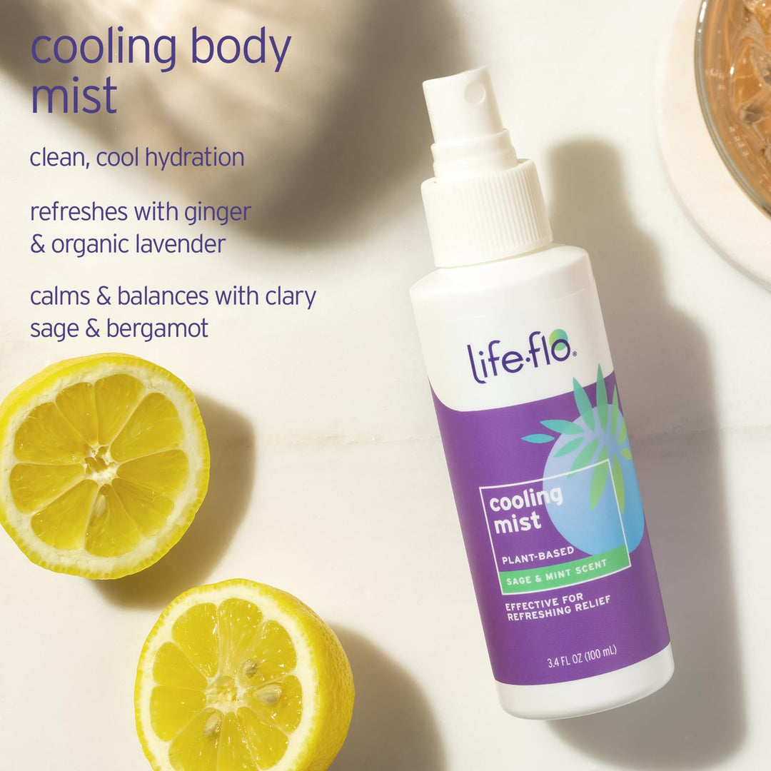 LIFE-FLO Cooling Mist - Refreshing Body Mist for Women - Instantly Cools Hot Flashes with Ginger, Organic Aloe Vera and Lavender - Fresh Sage Mint Scent, 60-Day Guarantee, Not Tested on Animals, 3.4oz