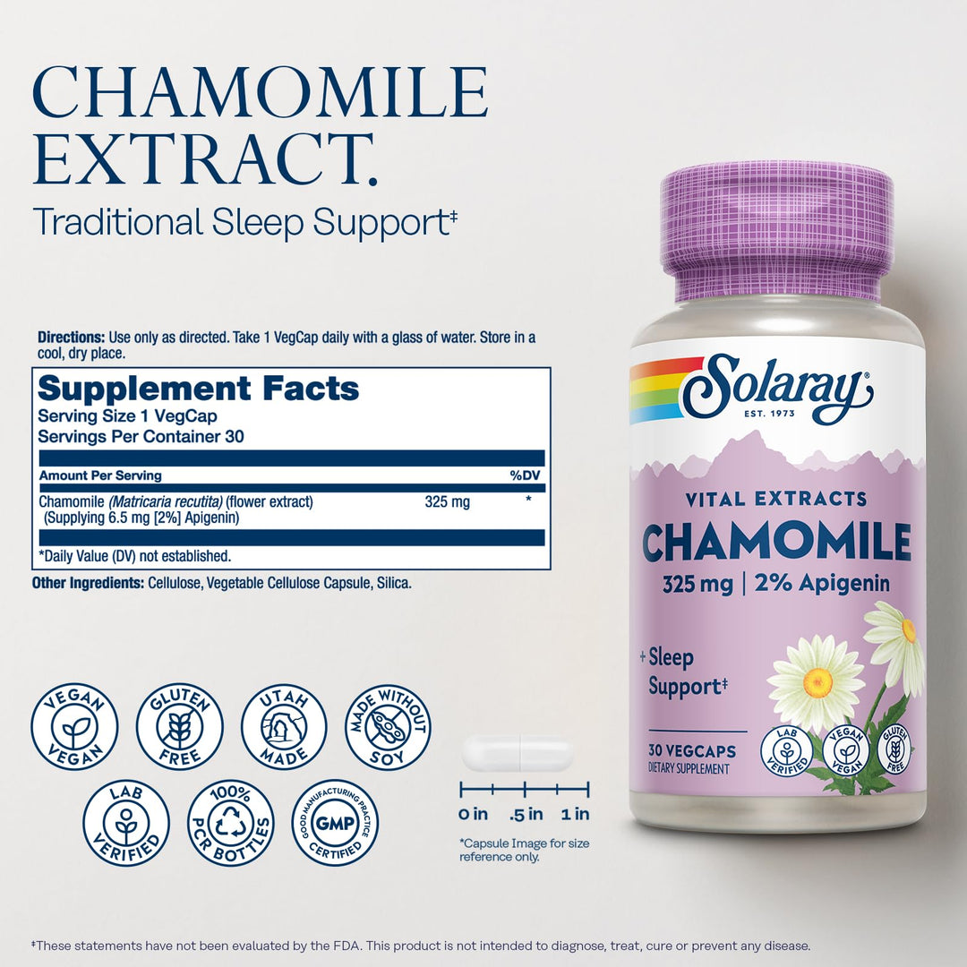 SOLARAY Chamomile Extract 325 mg - Traditional Herbal Support - Standardized to 2% Apigenin, an Antioxidant and Flavonoid - Vegan, Gluten Free, Made Without Soy, 60-Day Guarantee, 30 Serv, 30 VegCaps