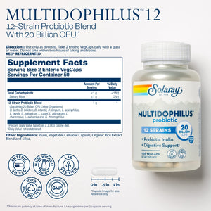 SOLARAY Multidophilus 12 Strain Probiotic - 20 Billion CFU, 100 Enteric VegCaps - The Oasis of Health