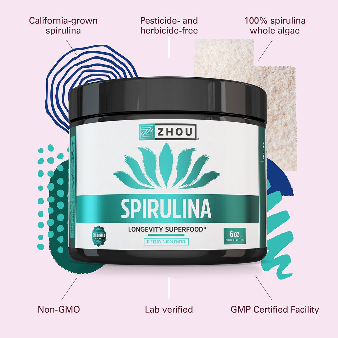 Zhou Spirulina Powder - Blue Green Spirulina Superfood for Women &amp; Men with Vegan Protein, Chlorophyll &amp; Phycocyanin for Smooth Energy &amp; Longevity, Drink Mix for Smoothies - 6 oz Jar (48 Servings)