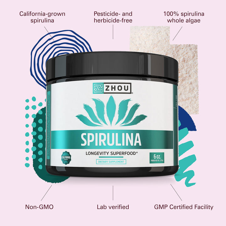 Zhou Spirulina Powder - Blue Green Spirulina Superfood for Women &amp; Men with Vegan Protein, Chlorophyll &amp; Phycocyanin for Smooth Energy &amp; Longevity, Drink Mix for Smoothies - 6 oz Jar (48 Servings)