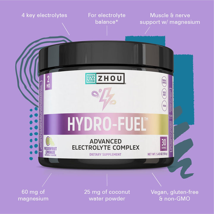 ZHOU Hydro-Fuel - Electrolytes Powder, Sugar Free Hydration Drink Mix w/Magnesium, Zinc, Potassium &amp; Sodium, Minerals &amp; Coconut Water Extract, No Sugar - Passionfruit Lemonade, 5.43 oz (30 Servings)