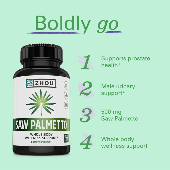 Zhou Saw Palmetto 500 mg | For Prostate Health | Healthy Urination Frequency &amp; Flow | 100 Capsules