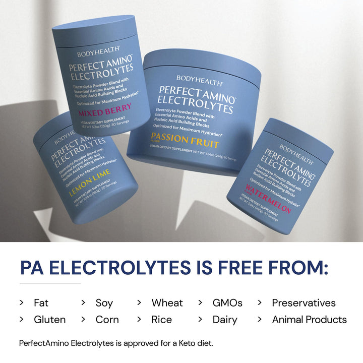 BodyHealth PerfectAmino Electrolytes Powder No Sugar, Hydration Fasting Keto Zero Sugar Electrolytes Drink Mix with Trace Minerals - Passion Fruit - 60 Servings