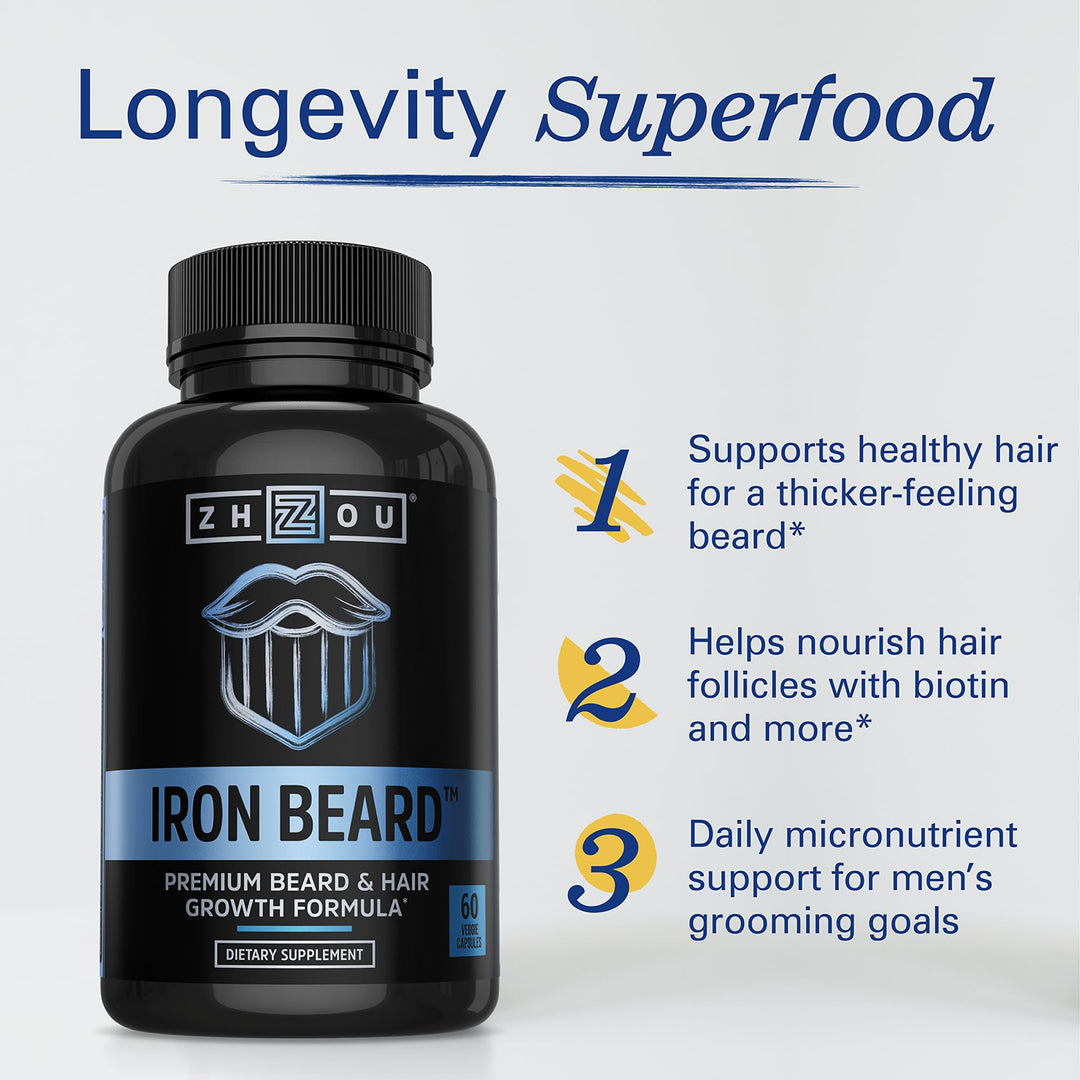 Zhou Iron Beard - Beard Growth Vitamins Men, Premium Biotin, Saw Palmetto &amp; B Vitamin Pills to Support Facial Hair, Beard Care Supplement for Full Beard - 60 Veggie Capsules