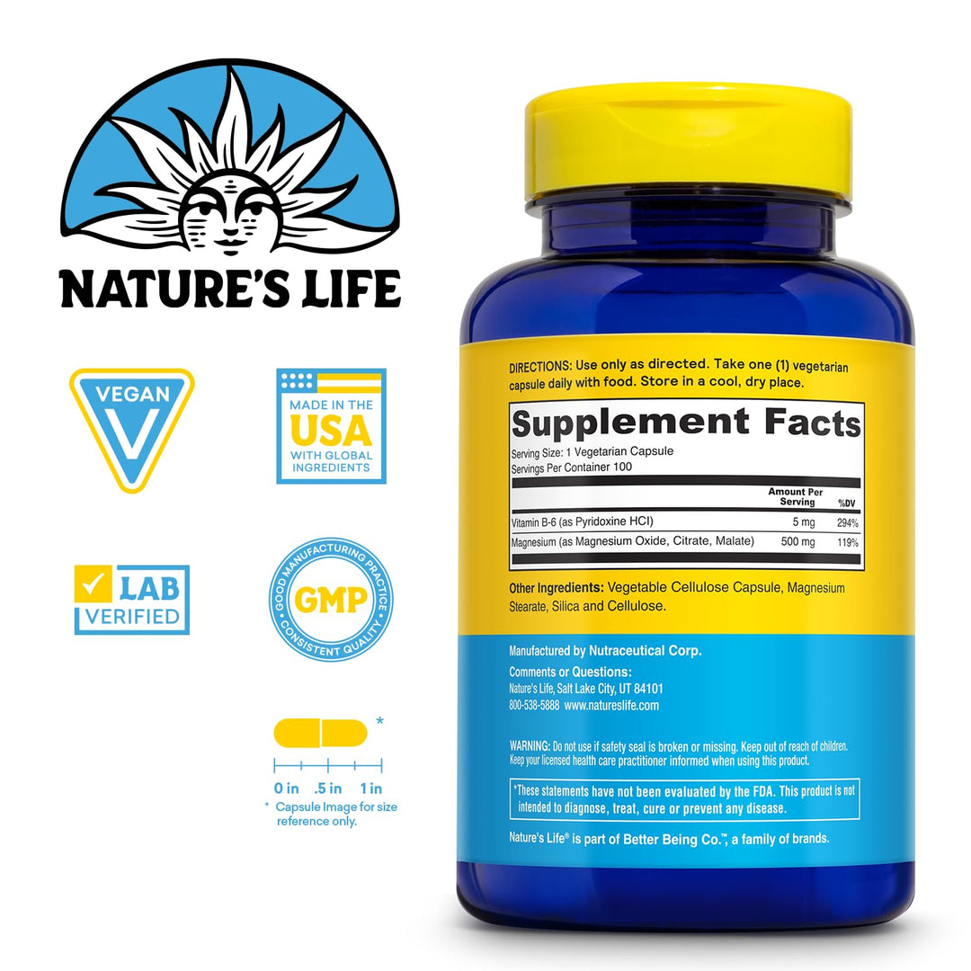 Natures Life Renewing Magnesium 500 mg - Magnesium Citrate, Magnesium Malate, Magnesium Oxide Plus Vitamin B-6 - Muscles and Nerves Support - Lab Verified (100 Servings, 100 VegCaps)