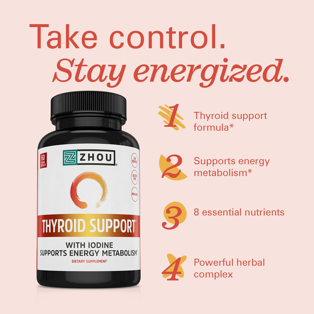 ZHOU Thyroid Support - Thyroid Supplement for Women &amp; Men with Zinc, Iodine, &amp; Selenium, Cellular Energy Thyroid Complex with Ashwagandha, Kelp - 60 Veggie Capsules (Pack of 1)