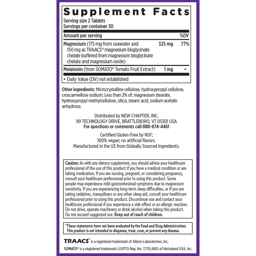 New Chapter Magnesium + Plant-Based Melatonin Supplement, with 2.5X Better Absorption Magnesium Glycinate &amp; Non-GMO Melatonin 1 mg from Tomato – Sleep Aid &amp; Muscle Relaxation* - 60 Tablets