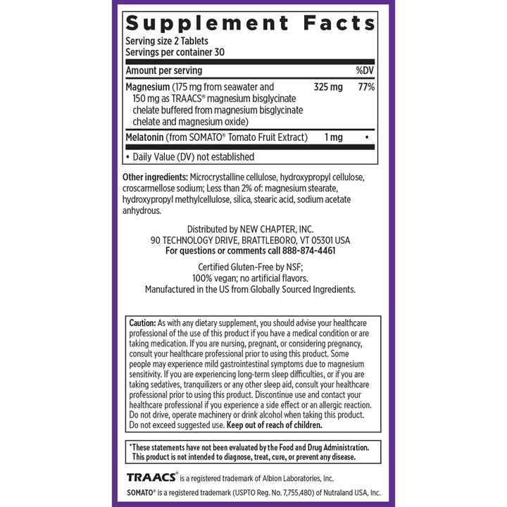 New Chapter Magnesium + Plant-Based Melatonin Supplement, with 2.5X Better Absorption Magnesium Glycinate &amp; Non-GMO Melatonin 1 mg from Tomato – Sleep Aid &amp; Muscle Relaxation* - 60 Tablets