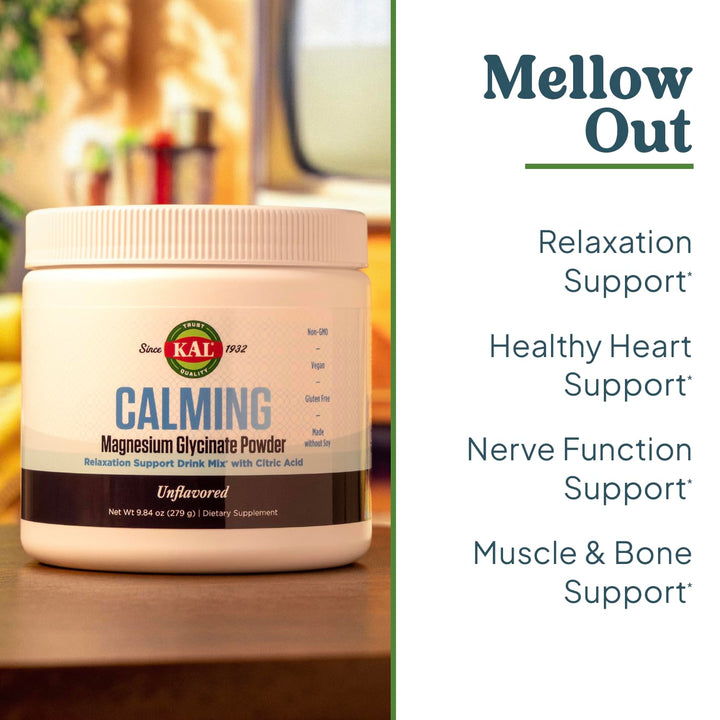 KAL Calming Magnesium Glycinate Powder Plus Citric Acid - Unflavored - Nervous System, Bone and Relaxation Support Drink Mix - No Sugar - 60-Day Guarantee, 40 Servings, 8.5 OZ