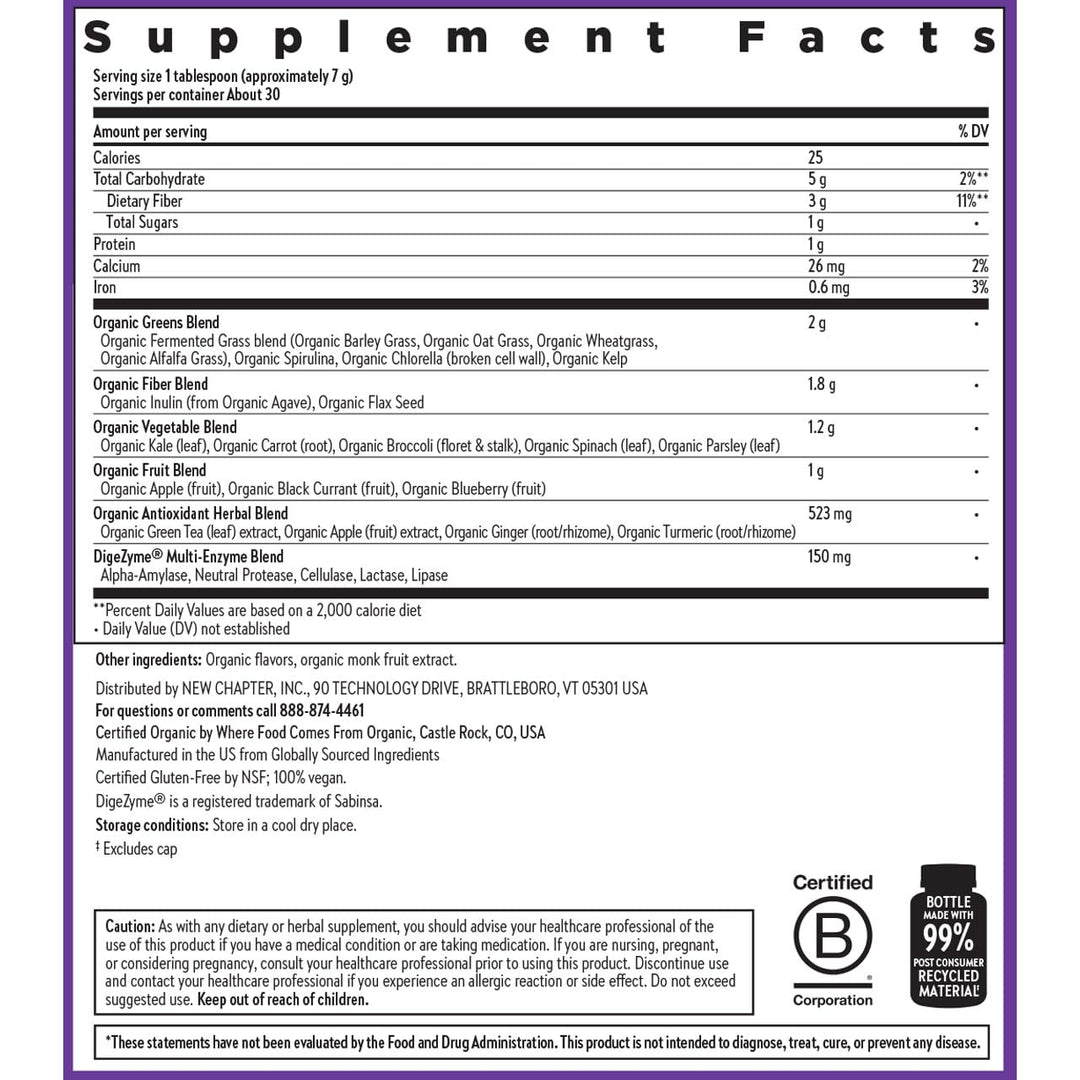 New Chapter All-Flora Digestive Super Greens Powder for Gut Health - Clinical-Strength Digestive Enzymes + USDA Organic Chlorella, Spirulina, Fermented Greens – Delicious &amp; 100% Vegan, 30 Servings