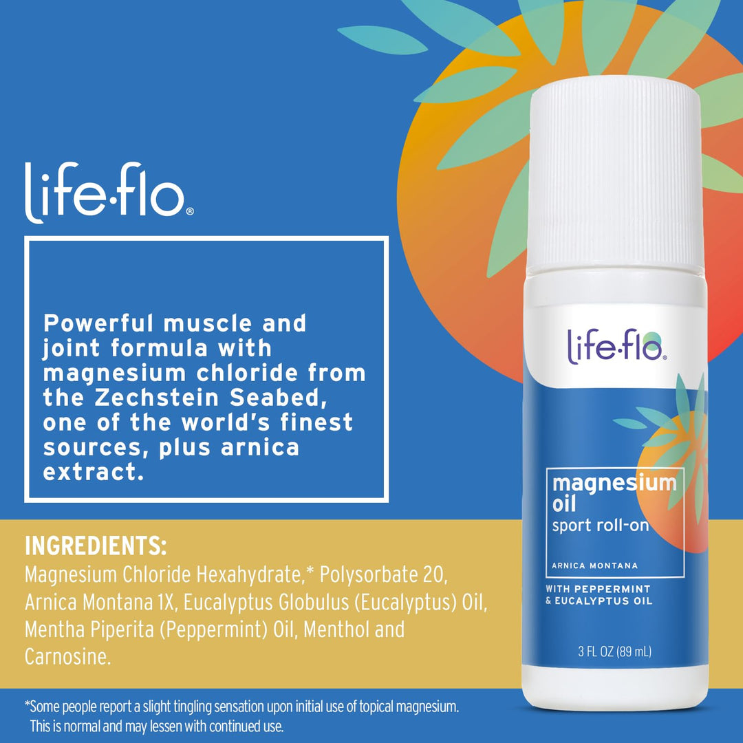 Life-FLO Magnesium Oil Sport Roll-On for Adults and Kids - Magnesium Chloride from Zechstein Seabed Plus Arnica - Calms and Refreshes Muscles and Joints After Exercise - 3oz Roller