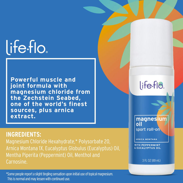 Life-FLO Magnesium Oil Sport Roll-On for Adults and Kids - Magnesium Chloride from Zechstein Seabed Plus Arnica - Calms and Refreshes Muscles and Joints After Exercise - 3oz Roller