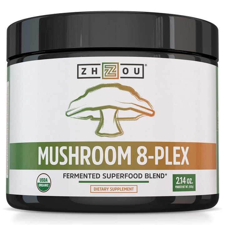 ZHOU Mushroom 8-Plex - Mushroom Supplement, Powder Blend, Coffee Alternative for Adults, Nootropic Complex for Health with Chaga, Lions Mane, Reishi &amp; Turkey Tail - 2.14oz (30 Servings)