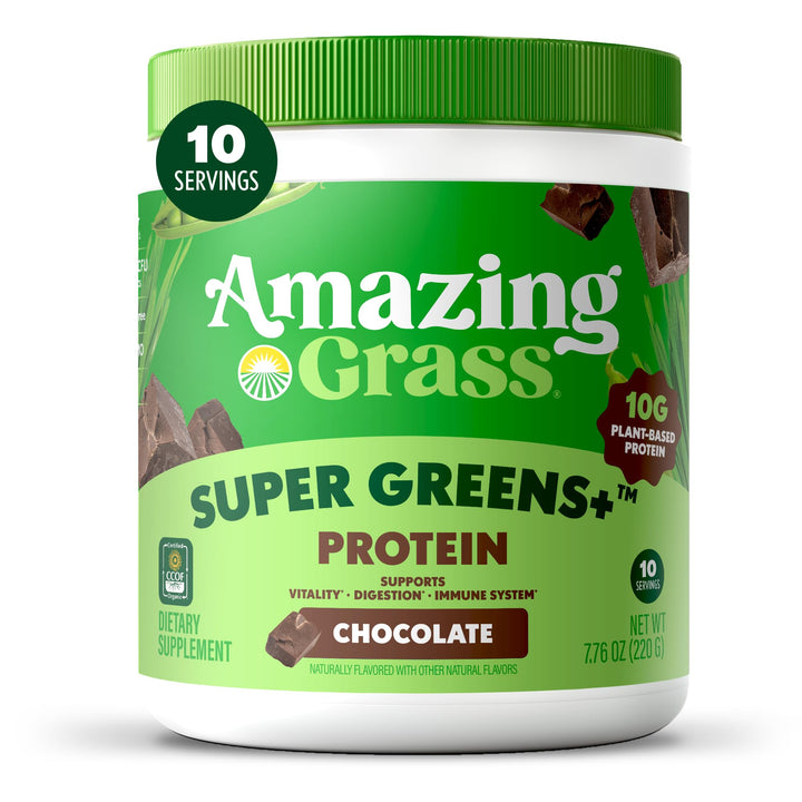 Amazing Grass Super Greens+ Protein Powder, Chocolate – 10g Plant-Based Protein, Supports Digestion &amp; Immune System, Organic Greens Blend, 10 Servings