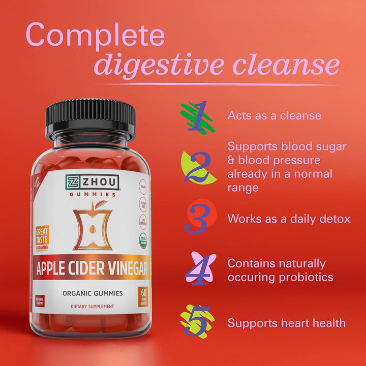 Zhou Apple Cider Vinegar Gummies - ACV Gummies for Women and Men with Elderberry, Delicious Taste with Raw Cane Sugar, USDA Organic - 60 Vegan Gummies