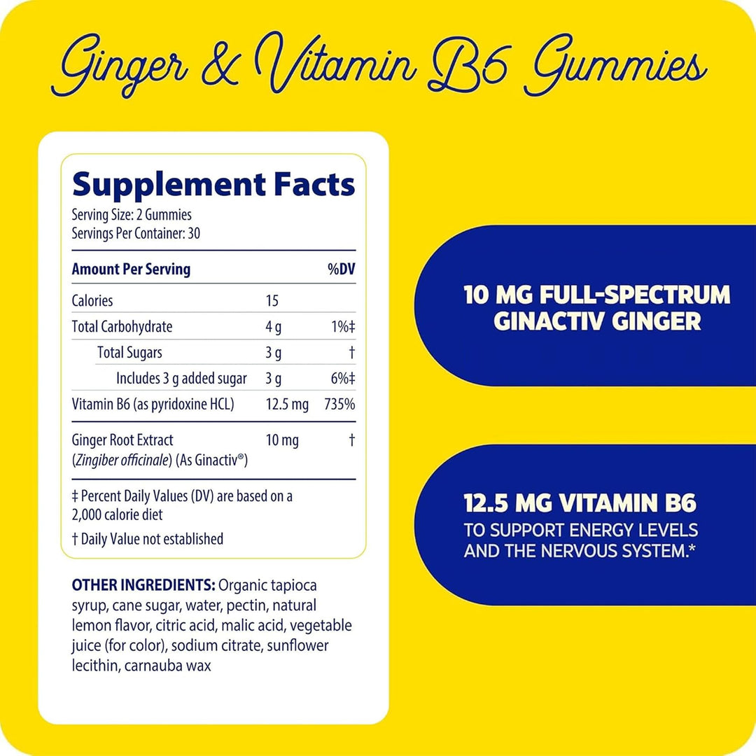 Enzymedica Ginger Root &amp; Vitamin B6 Gummies for Adults - Ginger &amp; VIT B6 Supplement Chews for Women &amp; Men, Support for Occasional Nausea, Helps Digestion, Vegan, Gluten Free - 60 Count