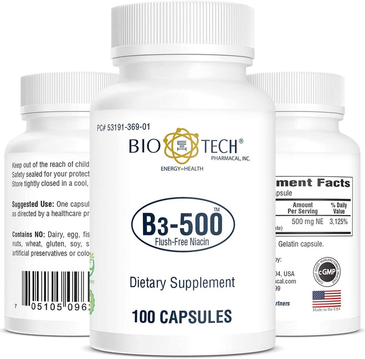Bio-Tech Pharmacal B3-500, 100 Capsules – All-Natural Supplement – Supports Cardiovascular, Nerve, &amp; Skin Health – No Dairy, Fish, Gluten, Peanut, Shellfish, GMOs, &amp; Soy – No Artificial Colors