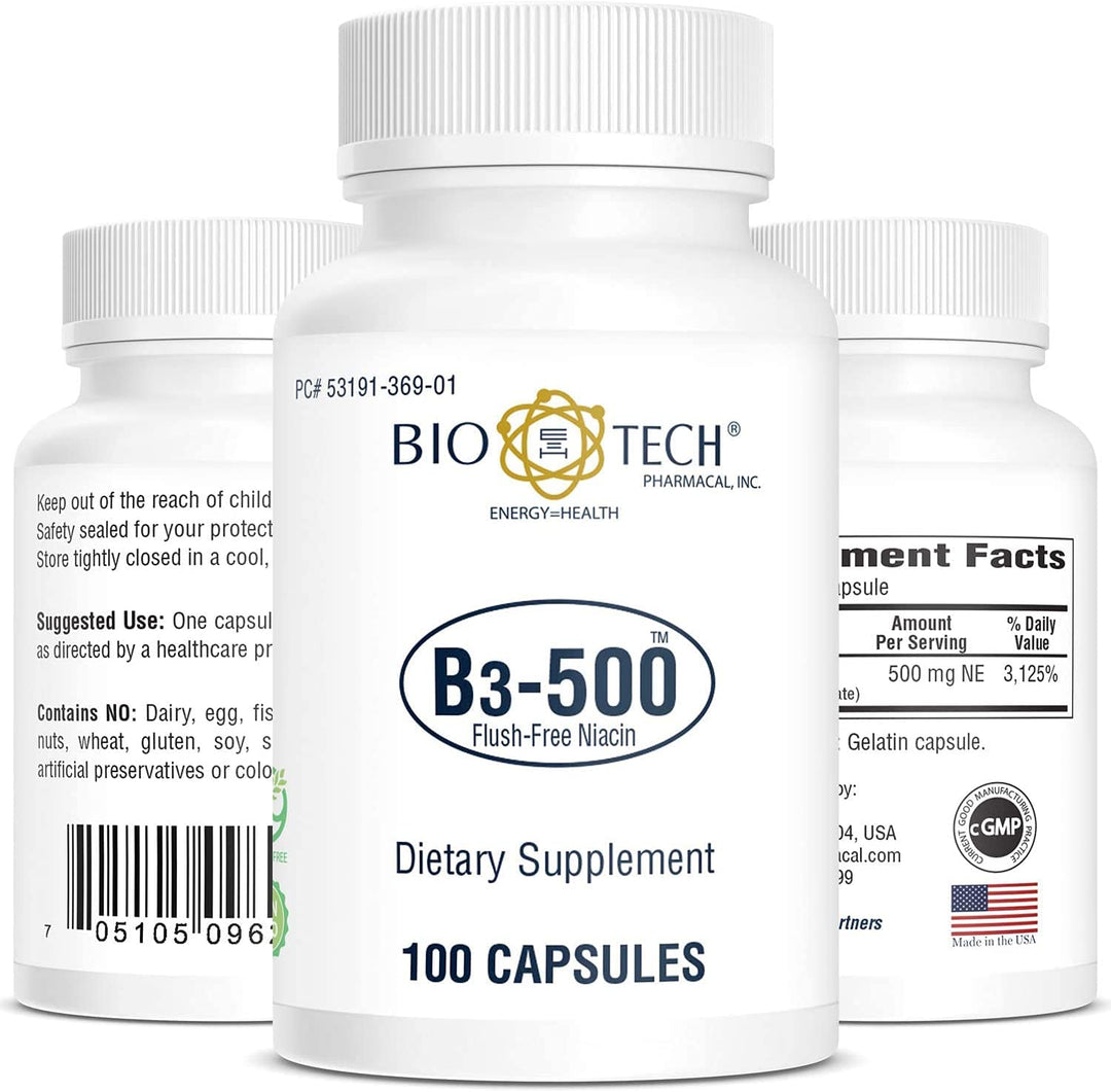Bio-Tech Pharmacal B3-500, 100 Capsules – All-Natural Supplement – Supports Cardiovascular, Nerve, &amp; Skin Health – No Dairy, Fish, Gluten, Peanut, Shellfish, GMOs, &amp; Soy – No Artificial Colors