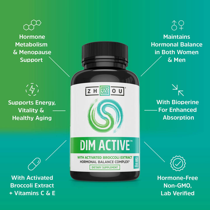 Zhou DIM Active - DIM Supplement, Hormone Balance for Women &amp; Men, Hormonal Support with 250mg Diindolylmethane - 60 Vegan Capsules