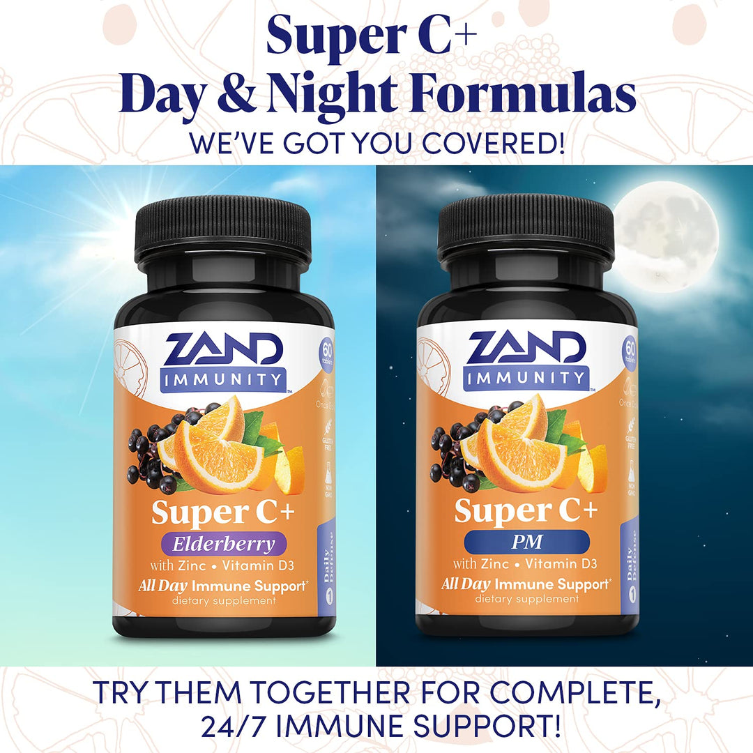 Zand Immunity Super C+ with Elderberry, All Day Immune Support, 1000mg PureWay-C Vitamin C Plus Zinc &amp; Vitamin D-3, Enhanced Absorption, 60 Tablets, 30 Servings