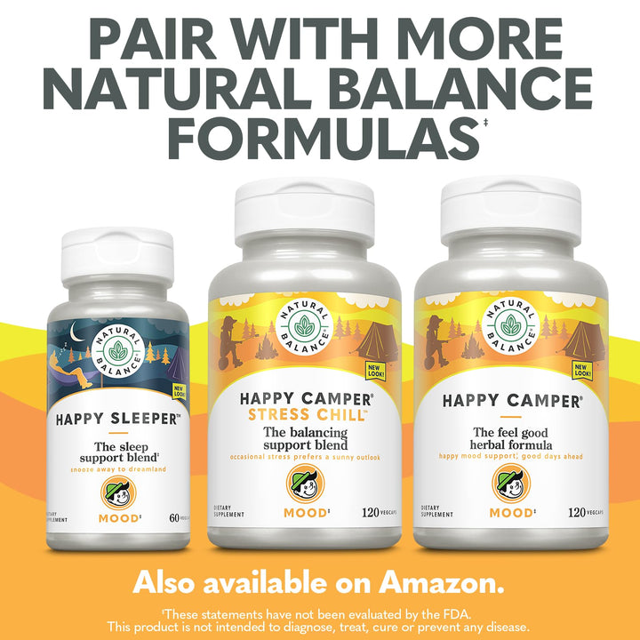 Natural Balance Happy Camper - Feel-Good Mood Support Supplement - Gotu Kola, Passion Flower, and Kava Kava Capsules - 60-Day Guarantee - 60 Servings, 120 VegCaps