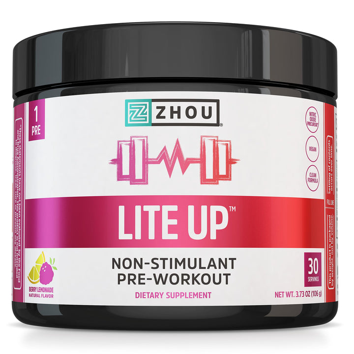 ZHOU Lite Up - Non Stim Powder, Nitric Oxide Precursor, Stim Free Supplement for Men &amp; Women, Caffeine Free Boost, Clean Formula - Berry Lemonade Flavor, 7.5 oz Jar (30 Scoops)