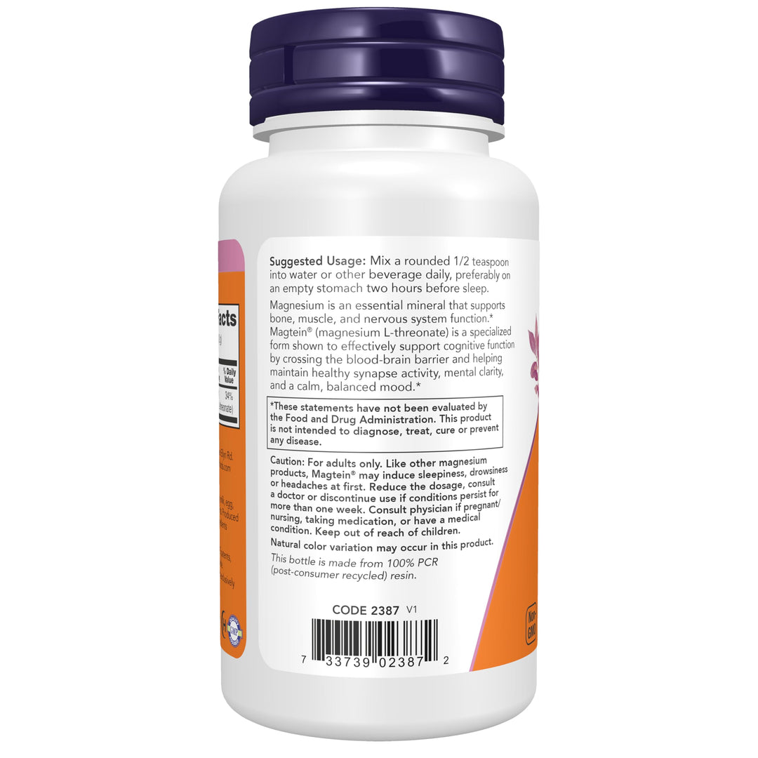 Now Supplements, Magtein® with Patented Form of Magnesium (Mg), Cognitive Support*, Powder, 3.2 oz