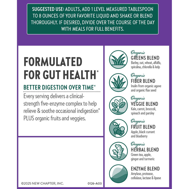 New Chapter All-Flora Digestive Super Greens Powder for Gut Health - Clinical-Strength Digestive Enzymes + USDA Organic Chlorella, Spirulina, Fermented Greens – Delicious &amp; 100% Vegan, 30 Servings