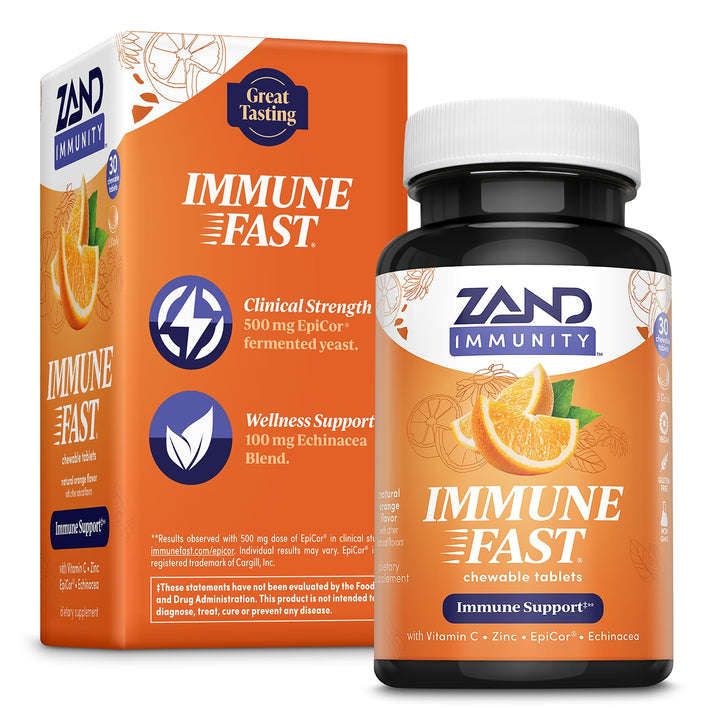 Zand Immune Fast Zesty Orange Chews | Boosts Immune Response &amp; Cell Activity w/EpiCor*, Echinacea, 30 Tablets, 10 Serv.