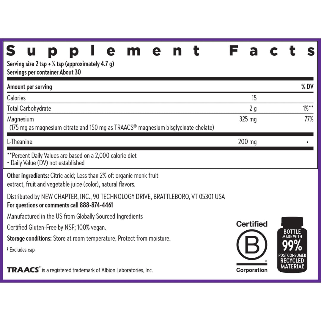 New Chapter Magnesium Glycinate + L-Theanine Supplement Powder, with 325 mg Magnesium &amp; L-Theanine 200 mg for Calm, Focus, Mental Clarity, Muscle Relaxation &amp; Cortisol Balance*, 30 Servings