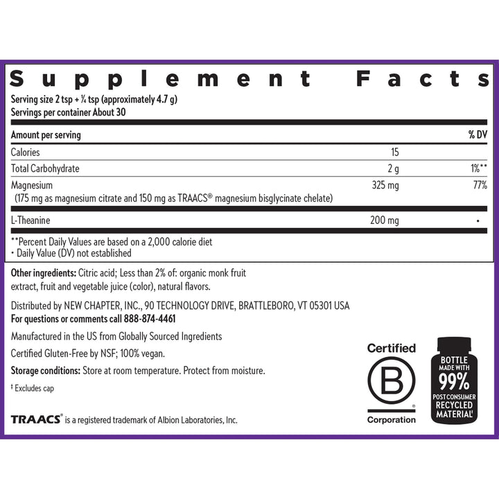 New Chapter Magnesium Glycinate + L-Theanine Supplement Powder, with 325 mg Magnesium &amp; L-Theanine 200 mg for Calm, Focus, Mental Clarity, Muscle Relaxation &amp; Cortisol Balance*, 30 Servings