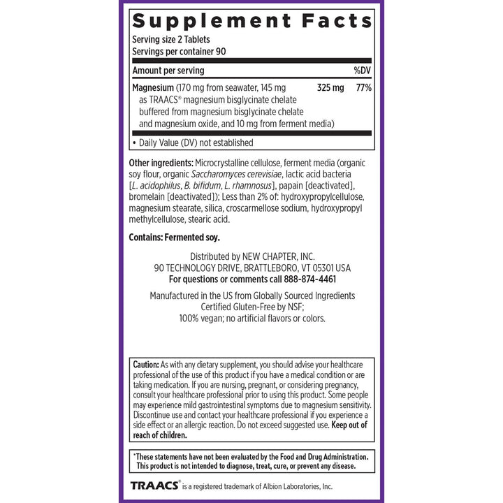 New Chapter Magnesium Complex Supplement, 325mg with Magnesium Glycinate + Sea-Sourced + Fermented Forms for Heart, Bone, Nerve, Muscle &amp; Cellular Energy, 100% Vegan, 180 Tablets