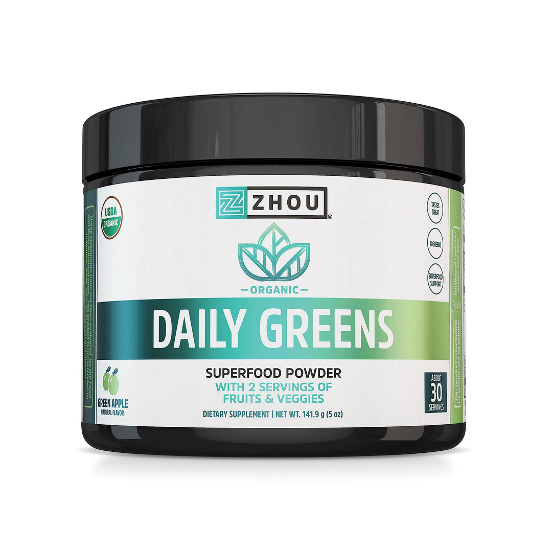 Zhou Organic Daily Greens Powder - Greens Superfood Powder for Juice, Smoothie, Super Food Drink Mix with Spirulina &amp; Kale, Vegetables Supplement - Green Apple Flavor, 5 oz (30 Servings)