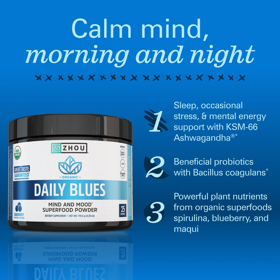 Zhou Daily Blues - Blue Spirulina Powder Organic, Blue Algae Energy Superfood Supplement for Smoothie, Vegan Drink Mix - Blueberry Flavor, 4.22 oz (25 Servings)