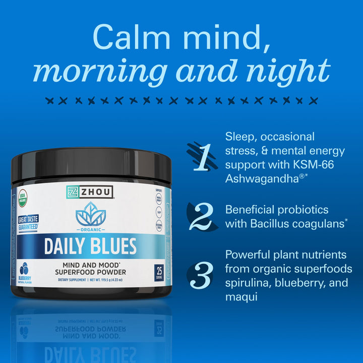 Zhou Daily Blues - Blue Spirulina Powder Organic, Blue Algae Energy Superfood Supplement for Smoothie, Vegan Drink Mix - Blueberry Flavor, 4.22 oz (25 Servings)