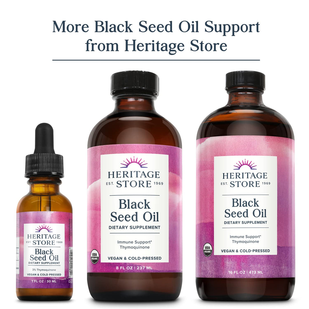 HERITAGE STORE Black Seed Oil Liquid Capsules 650mg, Nigella Sativa Oil Supplement with Thymoquinone, Omega 3 6 9, Antioxidant, Cholesterol, Digestive, Joint &amp; Immune Support*, Vegan, 45 Serv, 90ct