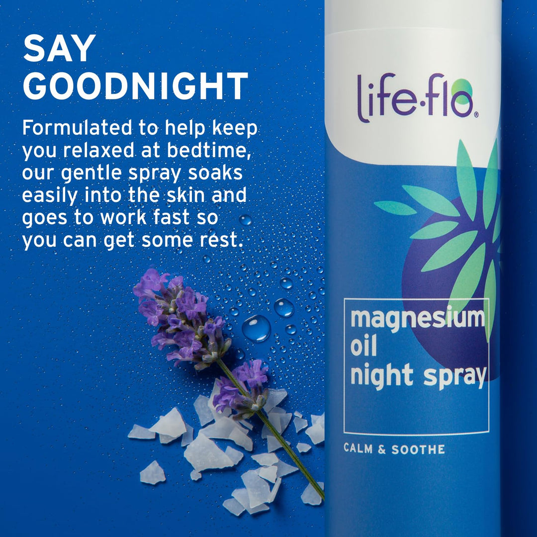 Life flo Magnesium Oil Night Spray - Pure Magnesium Oil Spray for Feet and Body, Sourced from Zechstein Seabed and Infused with Lavender, Calming for Adults and Kids, Cruelty-Free - 8 fl oz