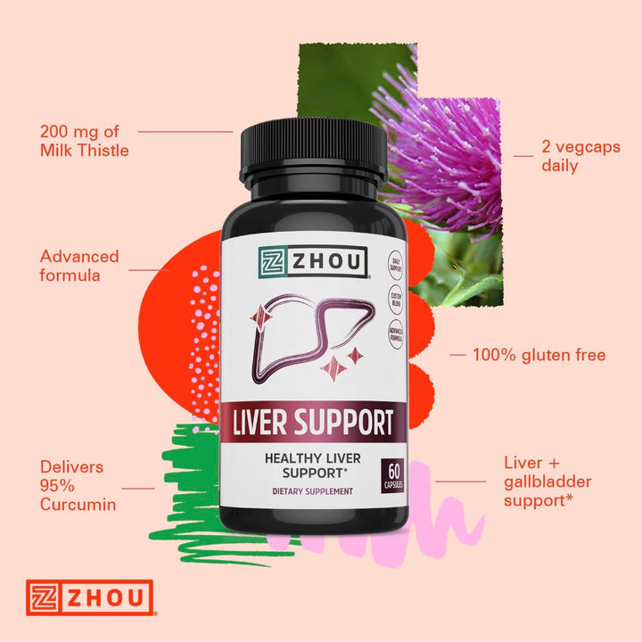 ZHOU Liver Support - Liver Cleanse and Detox, Milk Thistle Supplement with Turmeric, Artichoke, and Dandelion, Natural Health Support for Women and Men - 60 Vegetarian Capsules