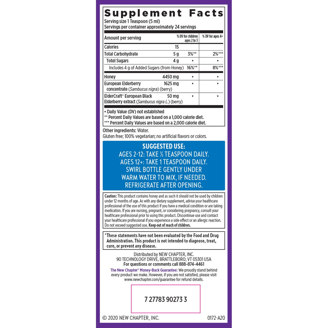 New Chapter Elderberry Syrup, 24 Servings, Immune Defense for Adults &amp; Kids (2+), 64x Concentrated Black Elderberry + Throat-Soothing Grade A Honey, Non-GMO Project Verified, Gluten Free